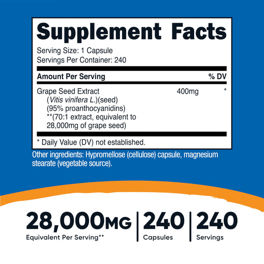 Label indicates 400 mg of 70:1 grape seed extract per serving