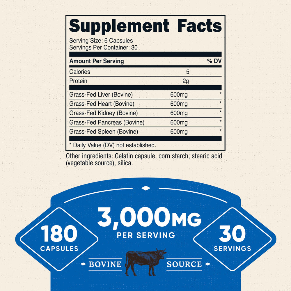 Close-up of Nutricost label showing 3,000mg desiccated bovine organs per serving