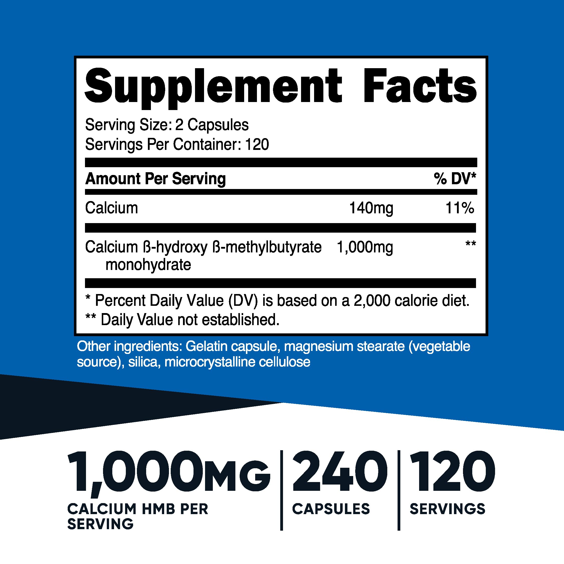 Nutricost HMB bottle showing 120 servings per bottle
