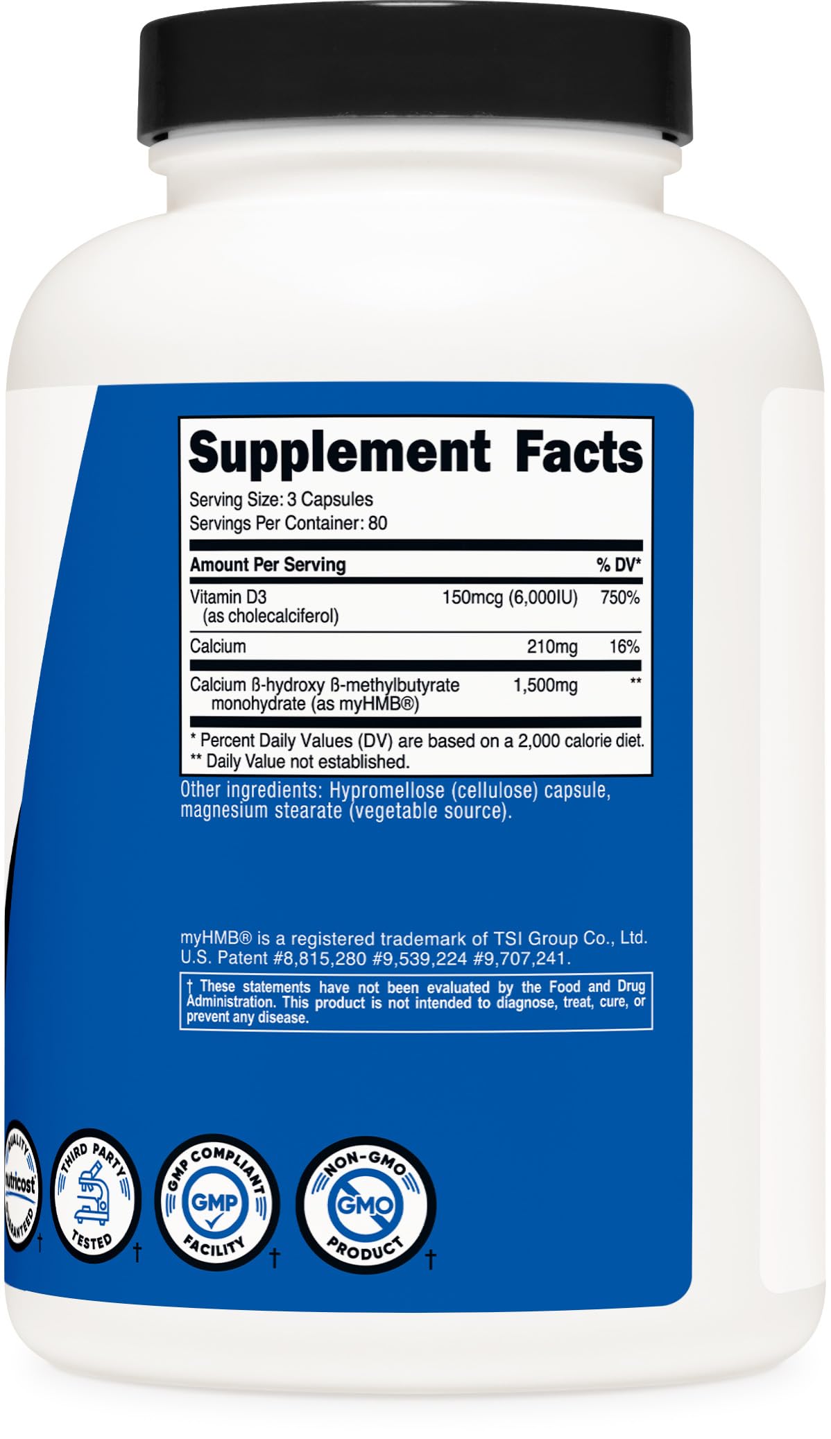 Gluten-free, Non-GMO Nutricost HMB D3 bottle on countertop