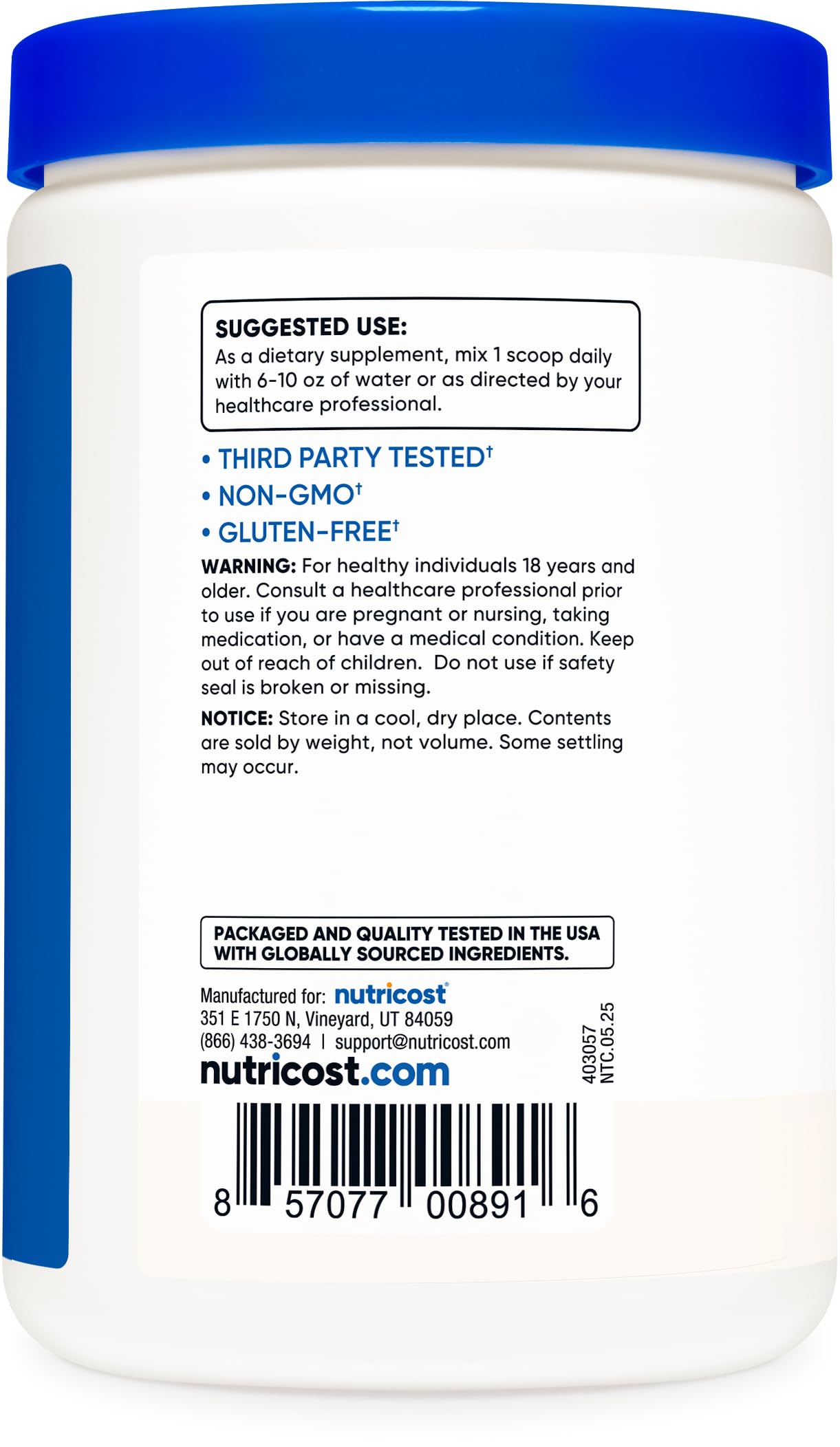 Nutrition facts panel for Nutricost HMB Powder 250g