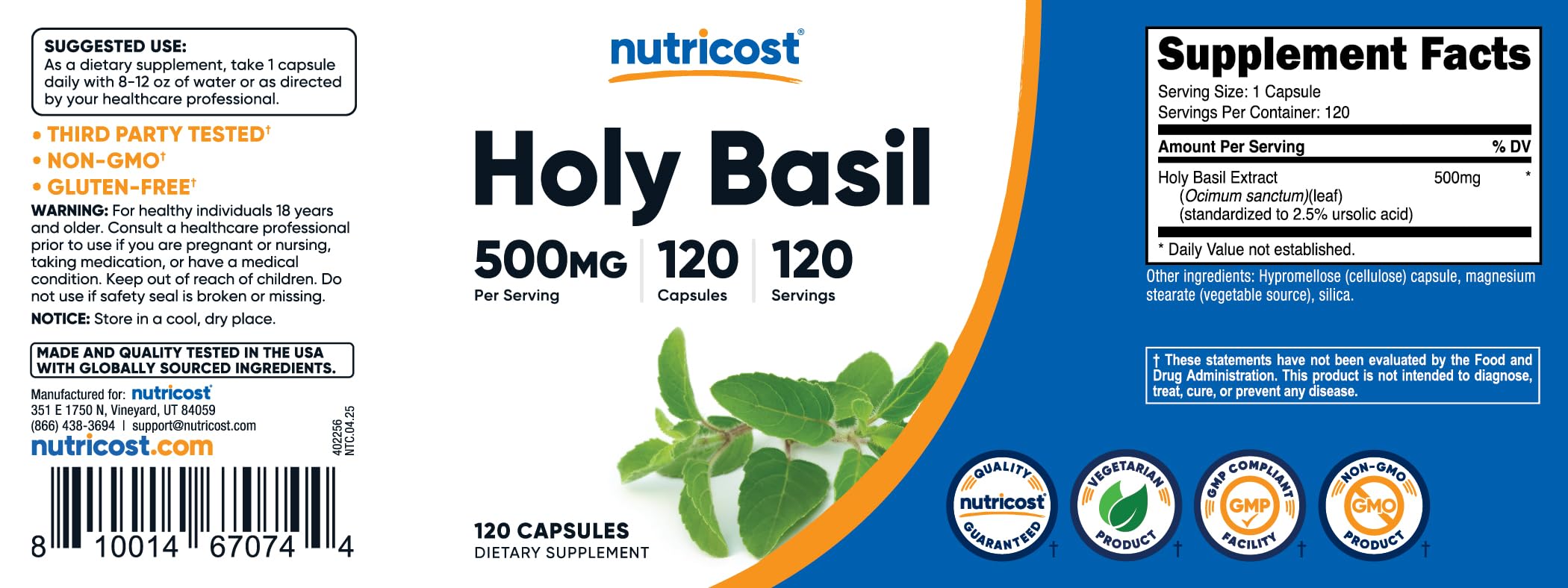 Close-up of 500mg Holy Basil capsules with antioxidants, gluten-free and vegetarian