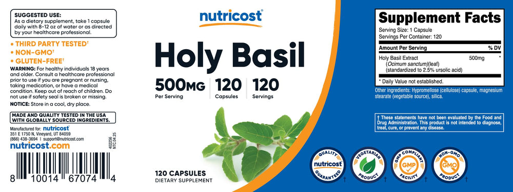 Close-up of 500mg Holy Basil capsules with antioxidants, gluten-free and vegetarian
