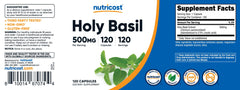 Close-up of 500mg Holy Basil capsules with antioxidants, gluten-free and vegetarian