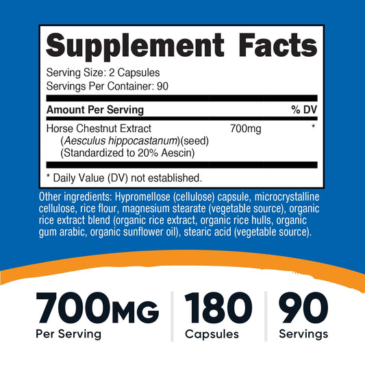 Close-up of Nutricost 700 mg horse chestnut extract capsules pack