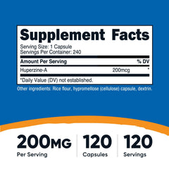 Close-up of Nutricost Huperzine A label displaying 200 mcg per serving