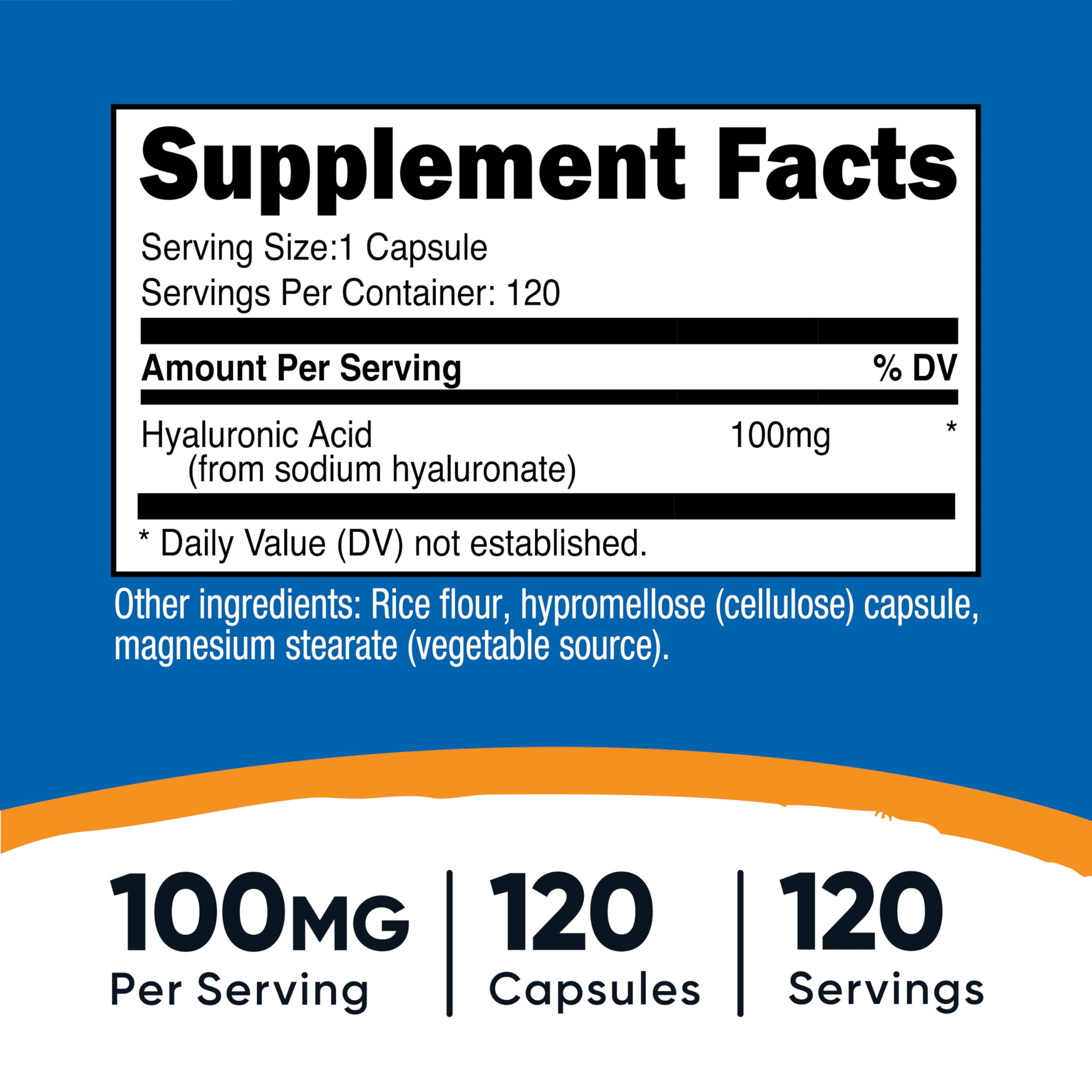 Nutricost Hyaluronic Acid bottle label close-up showing 120 vegetarian capsules