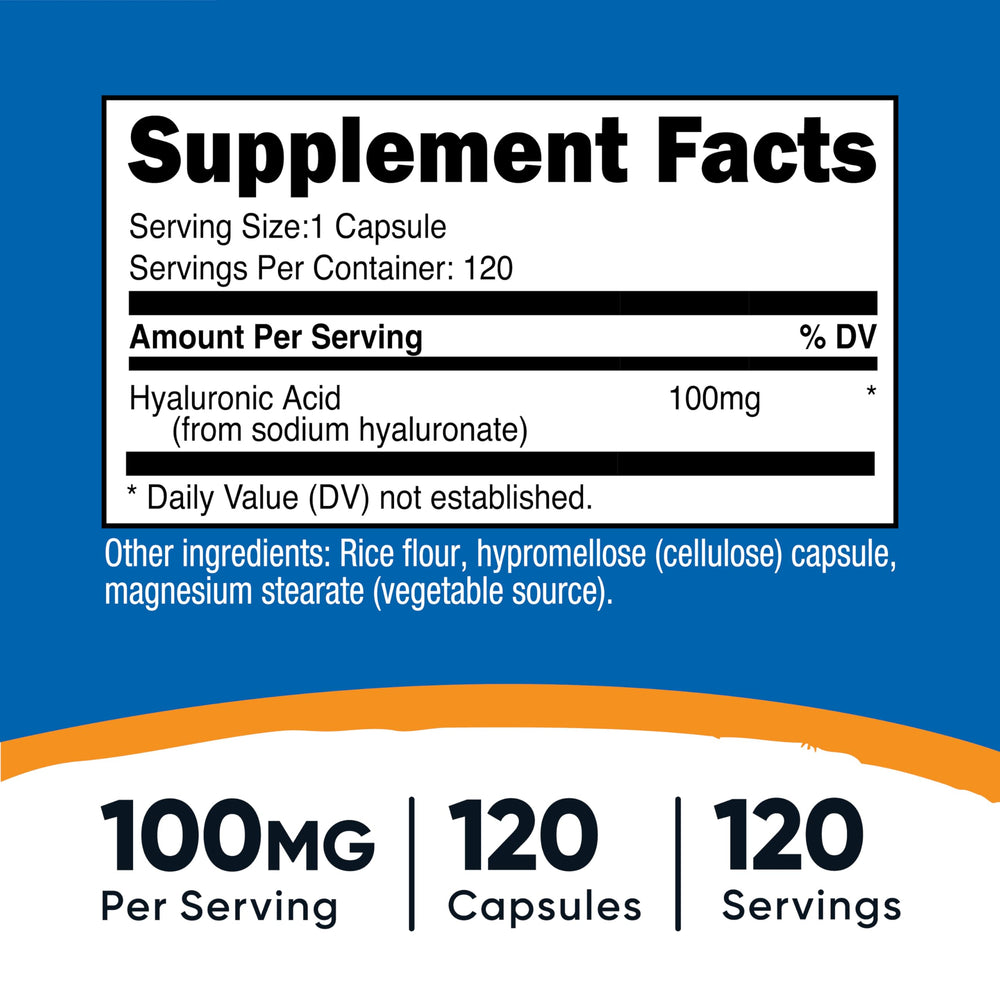 Nutricost Hyaluronic Acid bottle label close-up showing 120 vegetarian capsules