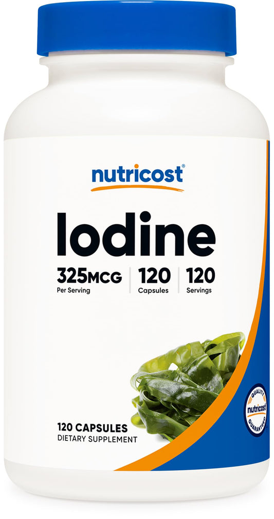 Nutricost Iodine bottle front with 325mcg per capsule