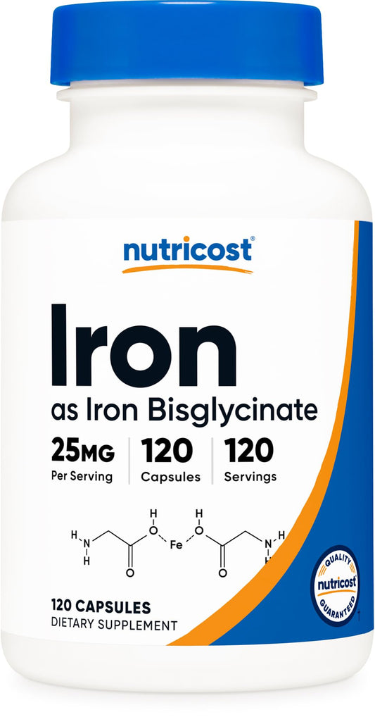 Nutricost Iron Bisglycinate 25mg bottle with 120 capsules