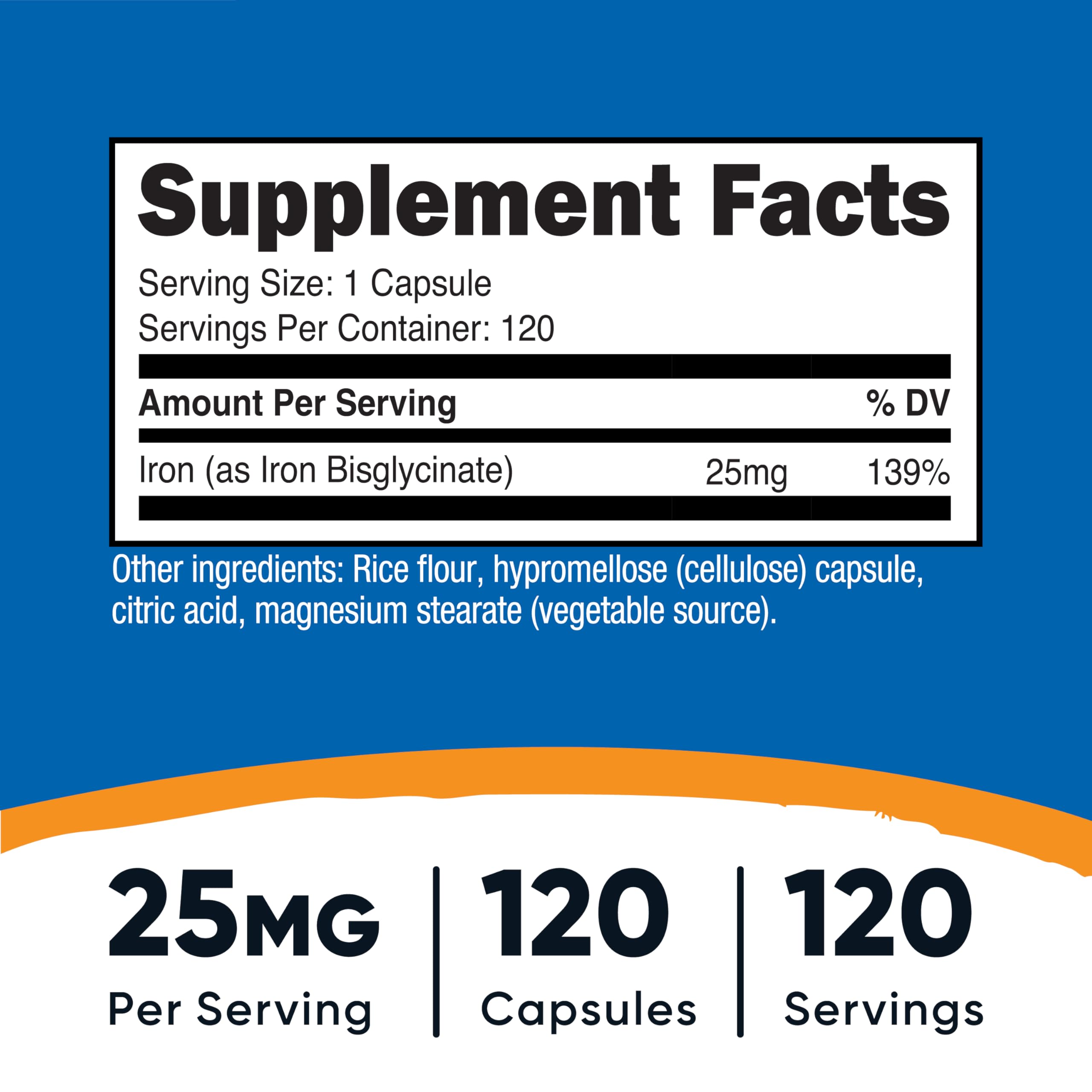 Nutricost Iron Bisglycinate 25mg bottle front label showing 120 capsules
