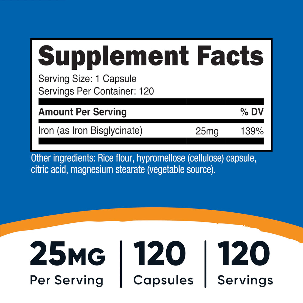 Nutricost Iron Bisglycinate 25mg bottle front label showing 120 capsules