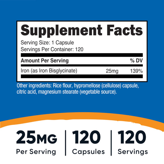 Nutricost Iron Bisglycinate 25mg bottle front label showing 120 capsules