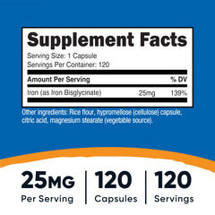Nutricost Iron Bisglycinate 25mg bottle front label showing 120 capsules