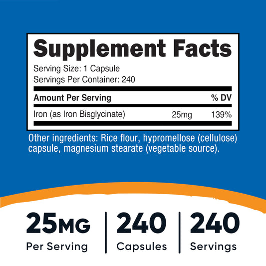 Nutricost Iron Bisglycinate 25mg supplement bottle label