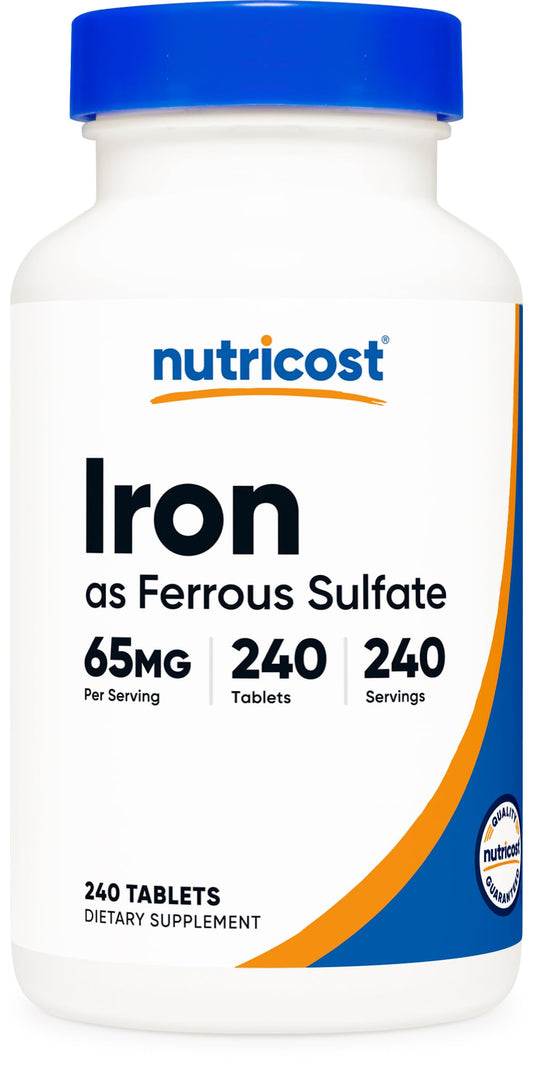 Nutricost Iron supplement bottle label showing 65 mg iron per tablet