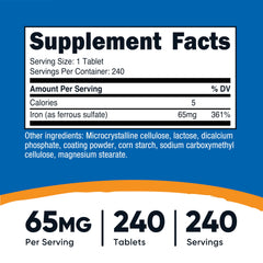 Nutrition facts panel for Nutricost Iron as Ferrous Sulfate