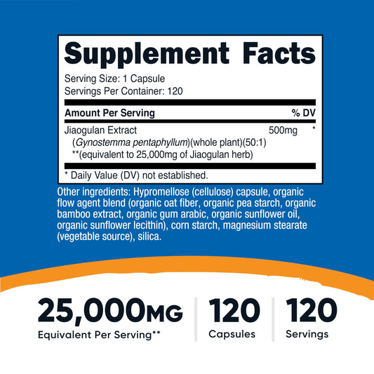 Close-up of 500mg of 20:1 Jiaogulan extract per serving