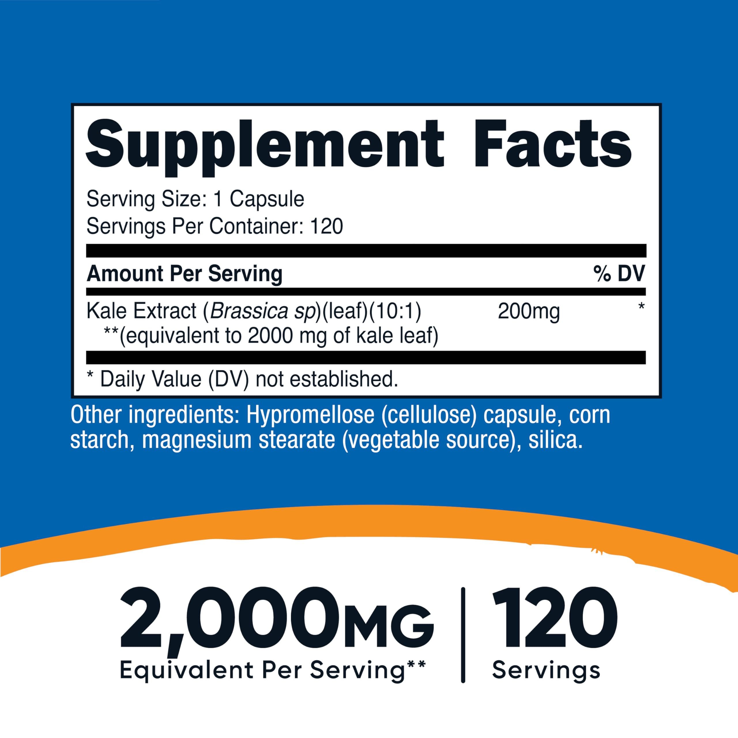Ingredients label of Nutricost Kale Extract showing vegan, gluten-free, GMO-free notes