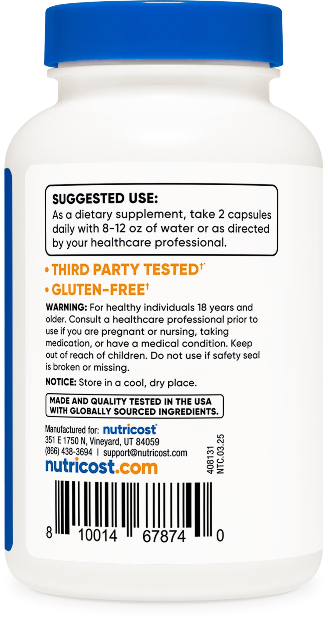 Non-GMO and Gluten-Free indicators on Nutricost packaging