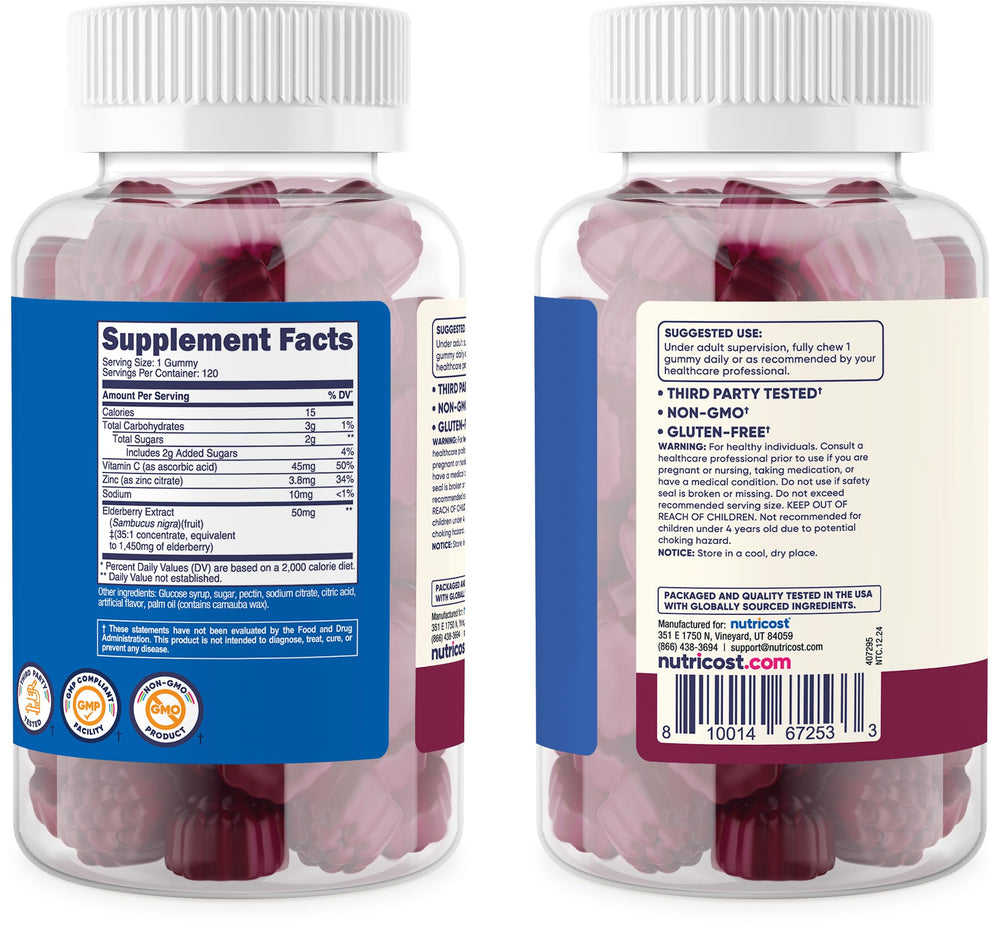 Bottle with cap and 120 gummies shown