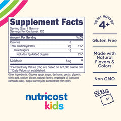 Back label on Nutricost Kids Melatonin Gummies 1mg Strawberry Pack 2 bottle