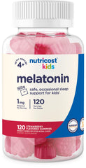 Nutricost Kids Melatonin Gummies 1mg bottle front, 120 strawberry gummies