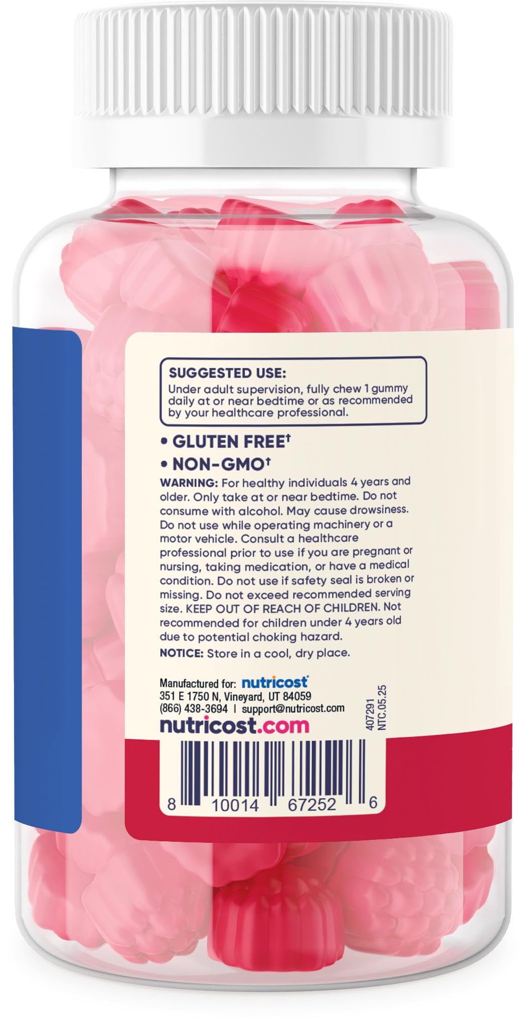 Nutrition facts and per-gummy melatonin 1mg label