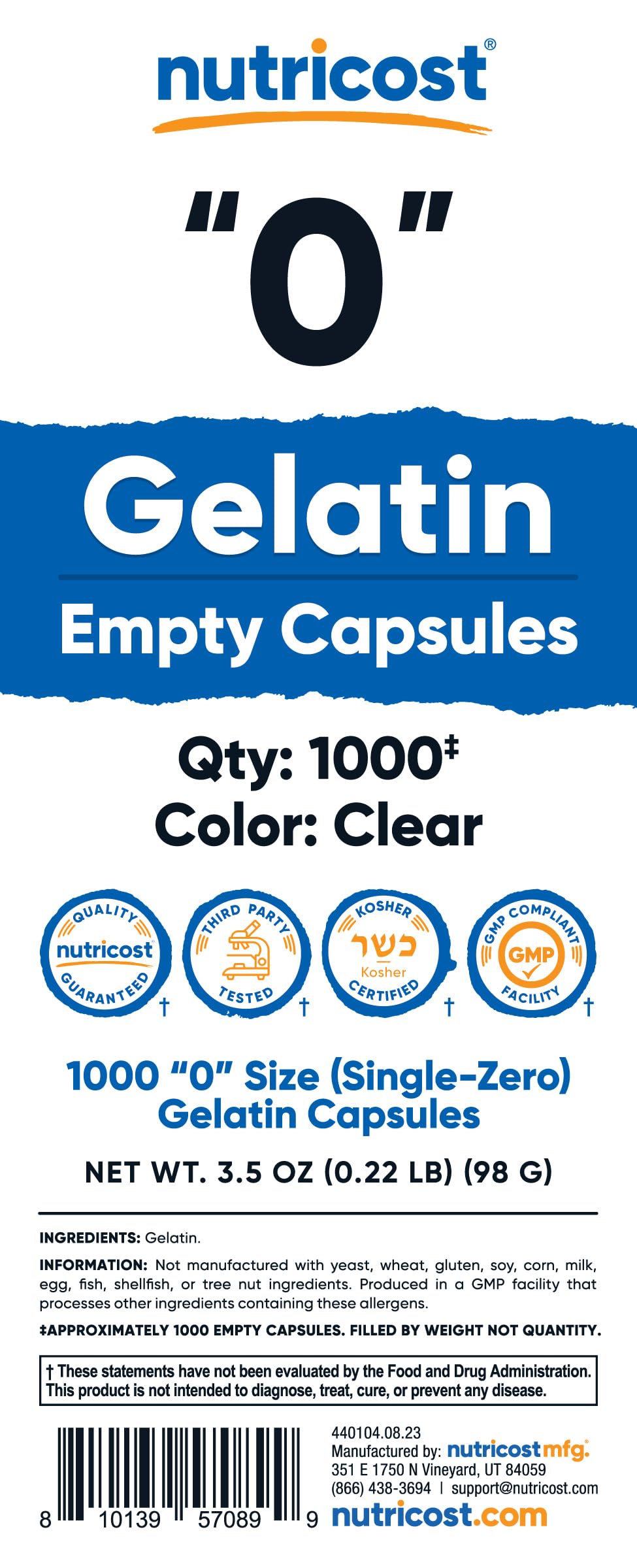 Kosher, Non-GMO, Soy Free and Gluten Free labels on Nutricost capsules