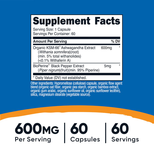 Back label of Nutricost KSM-66 Ashwagandha 600mg bottle