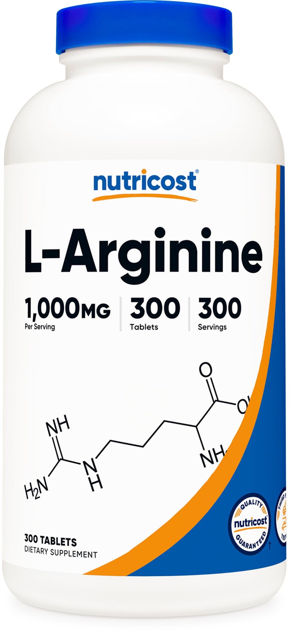 Nutricost L-Arginine 1000mg bottle front view, 300 tablets