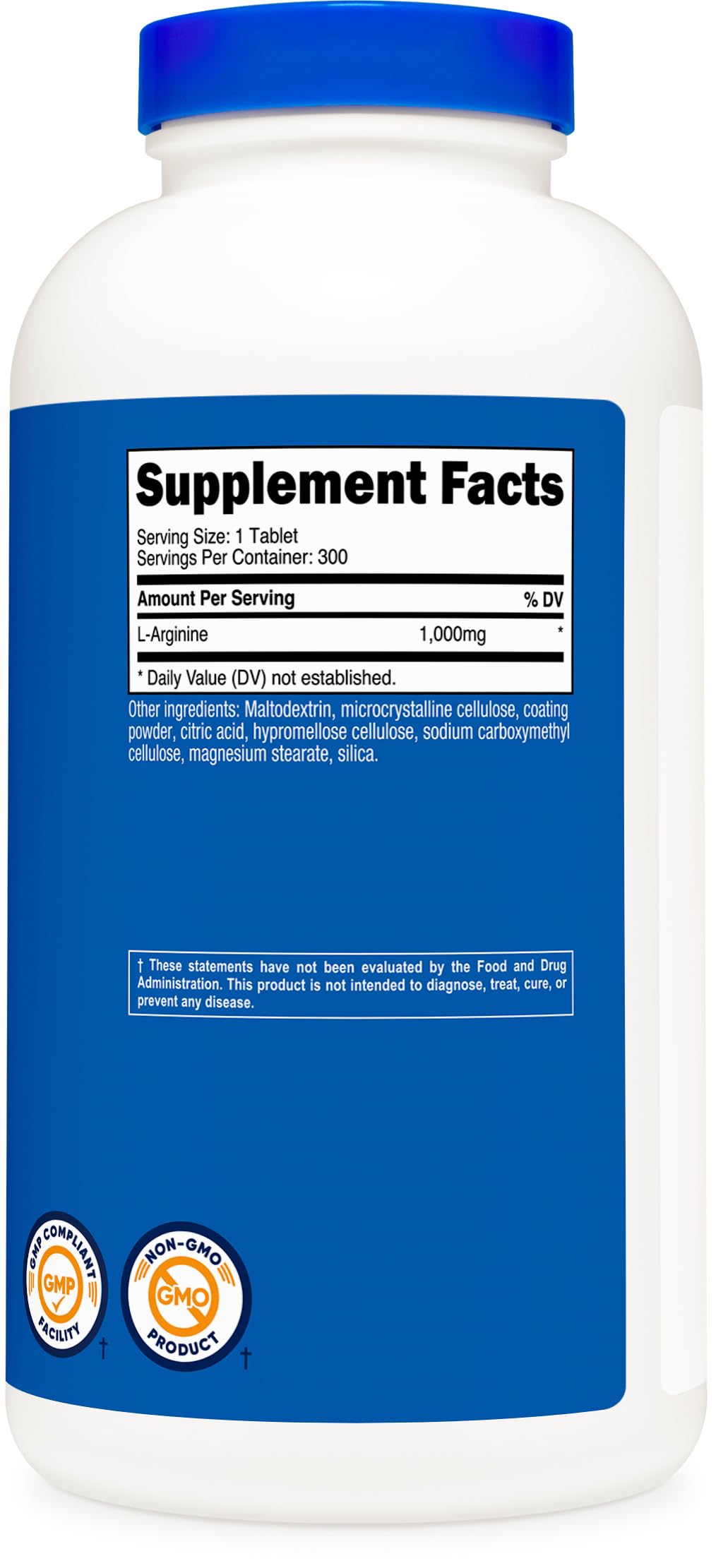 Nutrition facts and claims on Nutricost L-Arginine label (Non-GMO, Gluten Free)