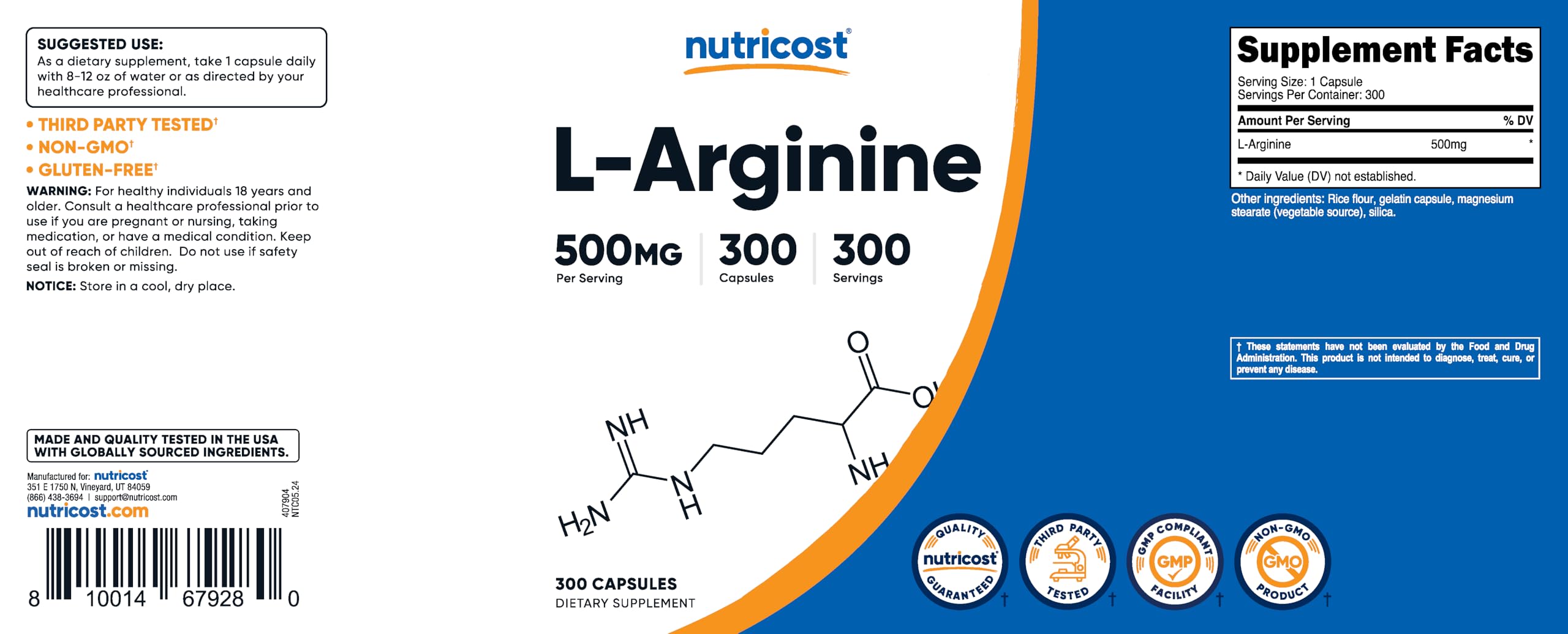 Non-GMO and gluten-free labeling on Nutricost L-Arginine 500mg bottle