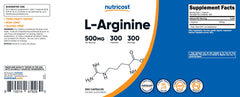 Non-GMO and gluten-free labeling on Nutricost L-Arginine 500mg bottle