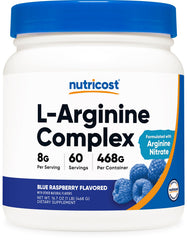 Nutricost L-Arginine Complex bottle with Blue Raspberry flavor, 60 servings