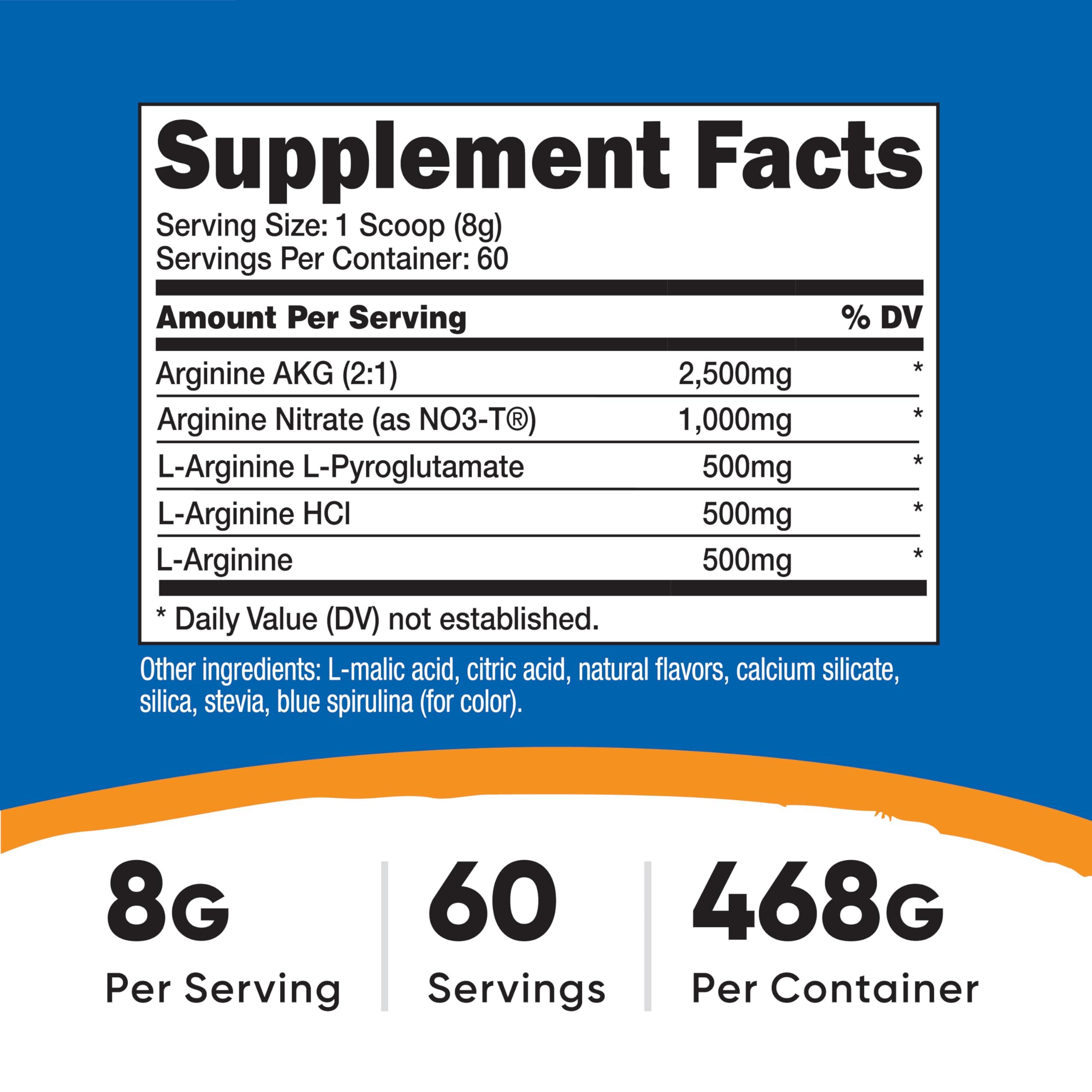 Close-up of Nutricost L-Arginine Complex powder in Blue Raspberry flavor