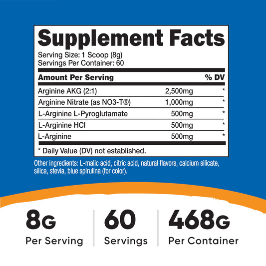 Close-up of Nutricost L-Arginine Complex powder in Blue Raspberry flavor