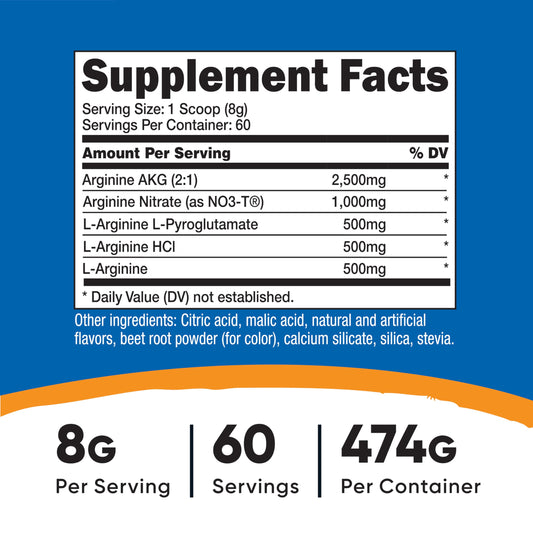 Nutricost L-Arginine Complex Fruit Punch bottle label close-up