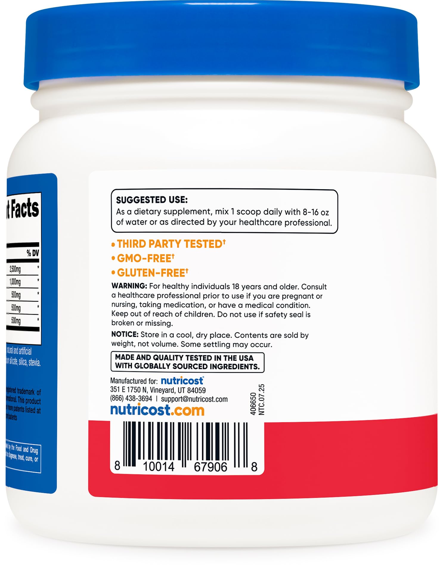 Nutrition facts panel for Nutricost L-Arginine Complex Powder