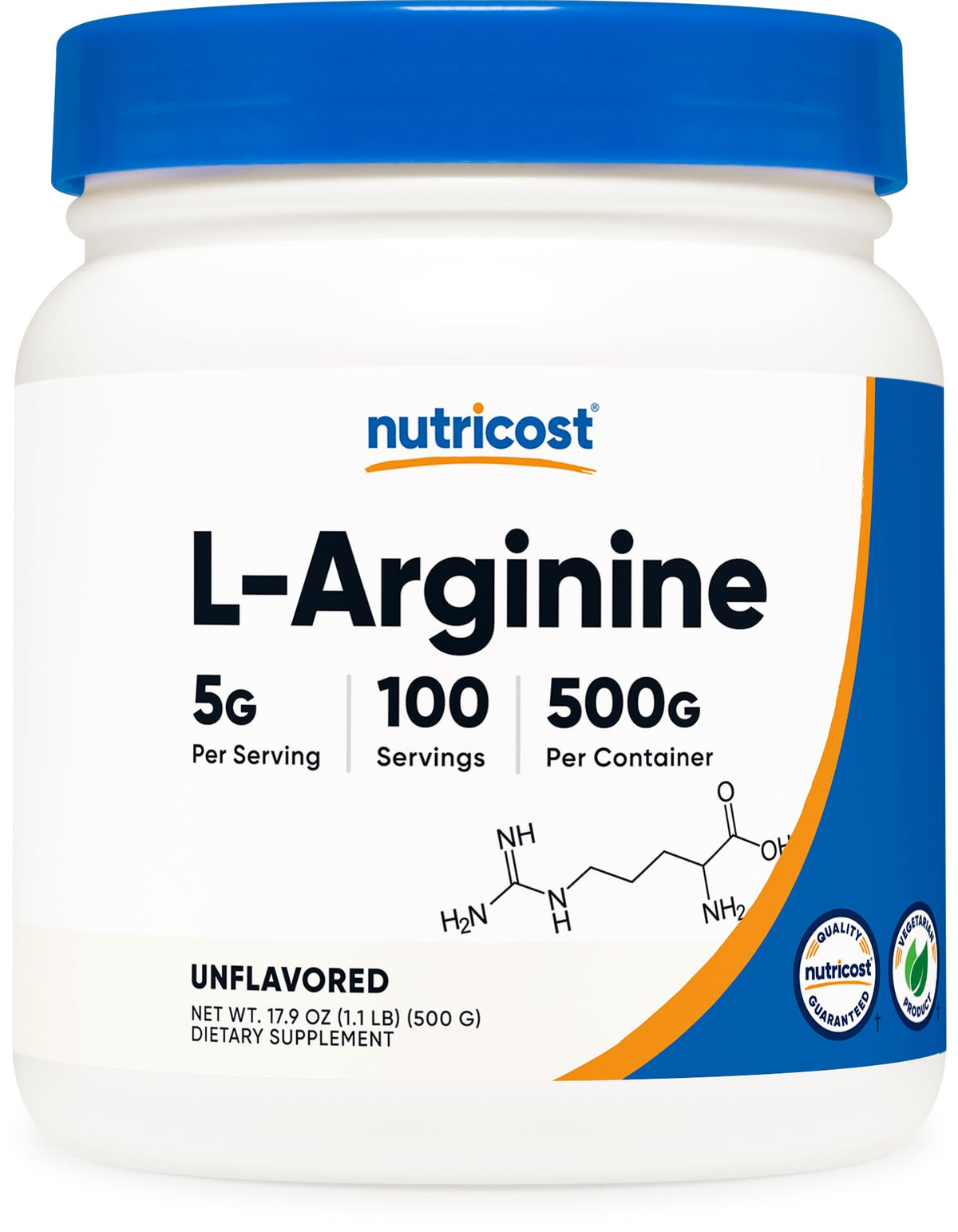 Front view of Nutricost L-Arginine Powder 500g container