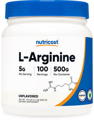 Front view of Nutricost L-Arginine Powder 500g container