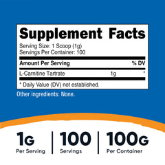 Nutrition label for Nutricost L-Carnitine Tartrate Powder 100 g