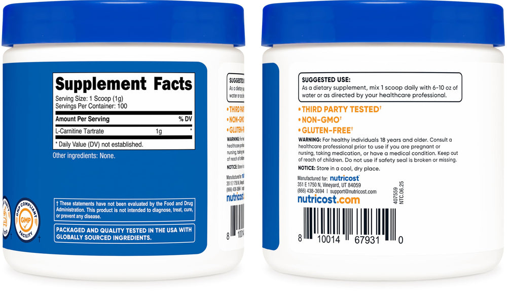 Nutritional facts for Nutricost L-Carnitine Tartrate Powder