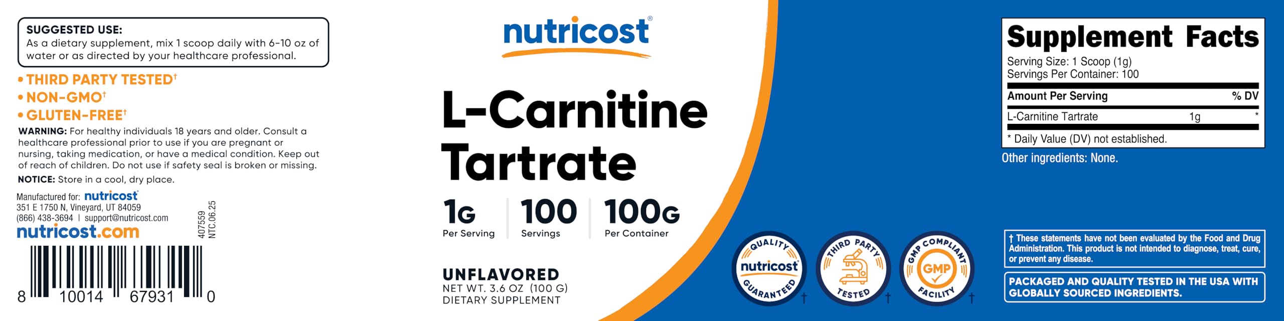 NSF GMP FDA certification logos for Nutricost L-Carnitine Tartrate Powder