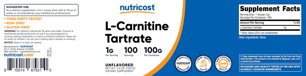 NSF GMP FDA certification logos for Nutricost L-Carnitine Tartrate Powder