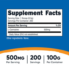Nutricost L-Carnosine powder label closeup highlighting non-GMO and gluten-free status.