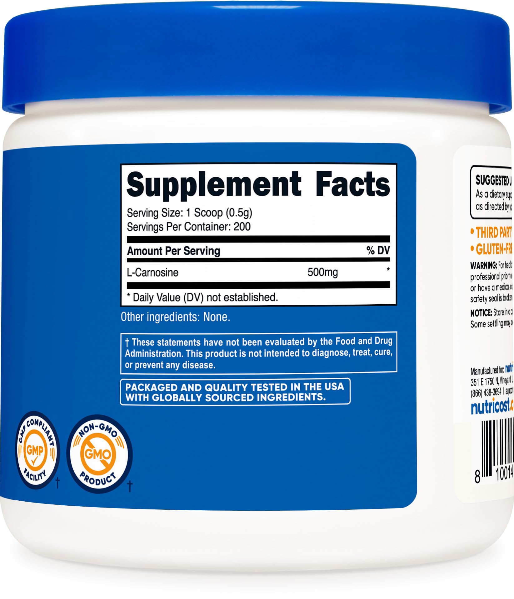 Nutricost L-Carnosine powder in a glass for easy mixing into beverages.
