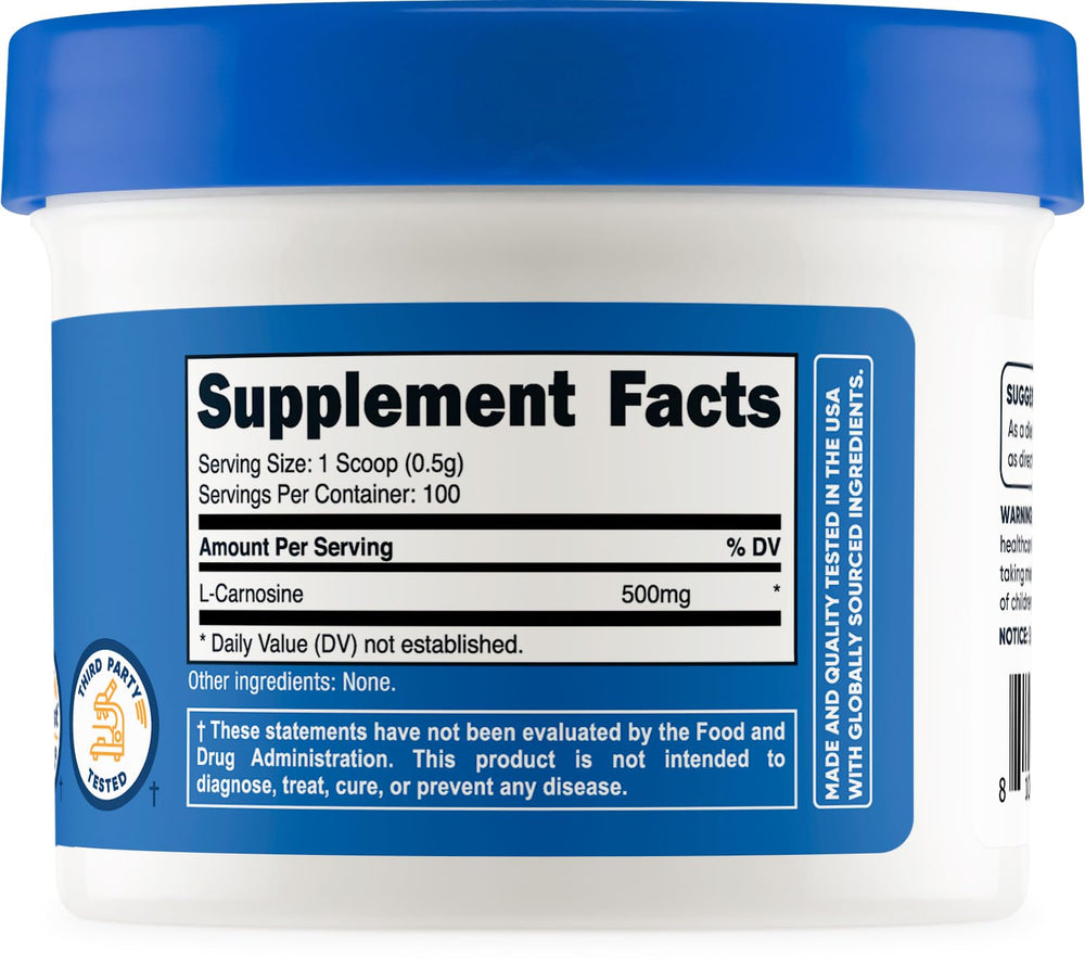 Non-GMO and Gluten-Free badges on Nutricost L-Carnosine Powder packaging
