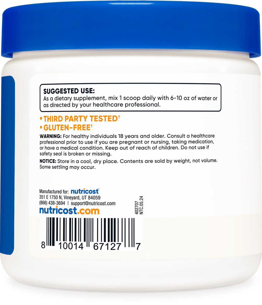 Nutricost L-Carnosine powder packaging box with GMP and FDA registered facility note.