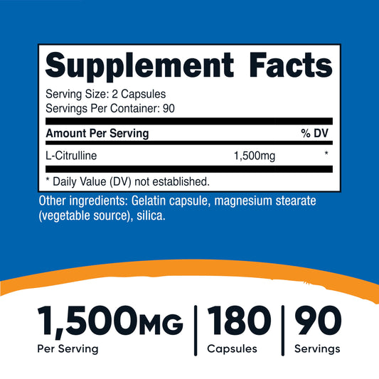 Nutricost L-Citrulline 1500mg bottle side view with capsules